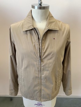 Mens, Casual Jacket, TOMMY HILFIGER, Khaki Brown, Polyester, Nylon, Solid, L, Zip Front, Welt Pockets, Large Locker Loop With Logo Embroidery