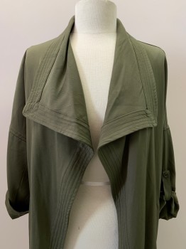 MAX STUDIO, Olive Green, Polyester, Spandex, Solid, L/S, Open Front, Side Pockets, Folded Sleeves,