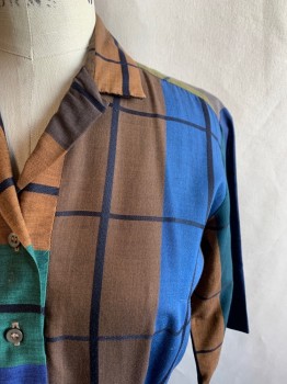 NORMAN WIATT, Blue, Brown, Tan Brown, Black, Teal Green, Cotton, Plaid-  Windowpane, Short Sleeves, Collar Attached, 3 Buttons Down Front, Pleated Skirt