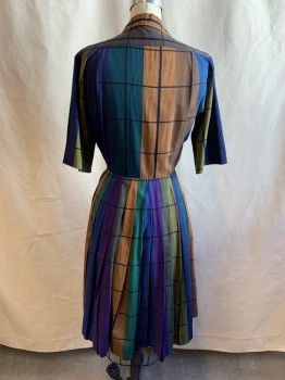 NORMAN WIATT, Blue, Brown, Tan Brown, Black, Teal Green, Cotton, Plaid-  Windowpane, Short Sleeves, Collar Attached, 3 Buttons Down Front, Pleated Skirt