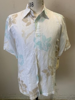 Mens, Casual Shirt, CUBAVERA, White, Aqua Blue, Khaki Brown, Linen, Rayon, Floral, M, Embroidered Self Stripe Front, Short Sleeves, Button Front, Collar Attached,