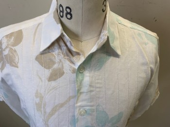 Mens, Casual Shirt, CUBAVERA, White, Aqua Blue, Khaki Brown, Linen, Rayon, Floral, M, Embroidered Self Stripe Front, Short Sleeves, Button Front, Collar Attached,