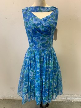 N/L, Blue, Green, Lt Blue, Lt Gray, Polyester, Floral, Sleeveless, Pleated Triangle Keyhole Neck, V-back, Back Zip, Pleated Skirt,