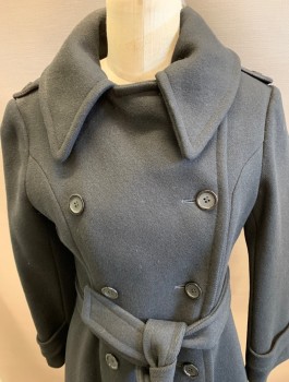 Womens, Coat, N/L , Black, Wool, Solid, 8, 1970'S Wool Trench Coat with Epaulets at Shoulder and Sleeve. Belt.
