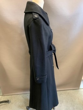 Womens, Coat, N/L , Black, Wool, Solid, 8, 1970'S Wool Trench Coat with Epaulets at Shoulder and Sleeve. Belt.