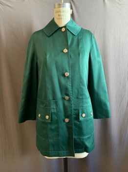 MISTY HARBOR, Forest Green, Cotton, Solid, C.A., Button Front, 2 Pockets, 2 Buttons on Each Flap, Beige Plaid Lining