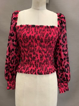Womens, Top, ALICA + OLIVIA, Hot Pink, Black, Viscose, Polyester, Animal Print, XS, Long Puff Sleeves, Sheer, ,Scrunched Chest, Back Zipper,