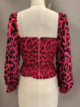 Womens, Top, ALICA + OLIVIA, Hot Pink, Black, Viscose, Polyester, Animal Print, XS, Long Puff Sleeves, Sheer, ,Scrunched Chest, Back Zipper,