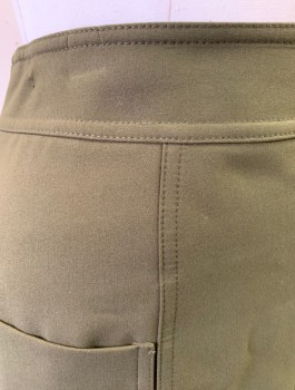 Womens, Skirt, Below Knee, M&S COLLECTION, Olive Green, Polyester, Viscose, Solid, W:32, Sz.10, H:40, Pencil Fit, 2" Wide Self Waistband, 2 Patch Pockets at Hips, Vent at Center Front Hem, Exposed Gold Zipper at Center Back Waist