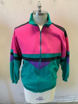 EUROJOY, Pink, Teal Green, Black, Purple, Poly/Cotton, Color Blocking, 1980s, Zip Front, 2 Pockets, High Neck **Light Shoulder Burn/Stain