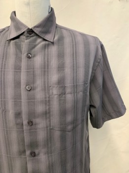 Mens, Casual Shirt, MICHAEL BRANDON, Dk Gray, Gray, Polyester, Stripes, L, S/S, Button Front, Collar Attached, Chest Pocket, Damaged Textile