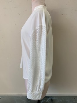 Club Monaco, White, Polyester, Solid, L/S, Collar Band, V Neck, 2 Buttons, Sheer Sleeves with Embroiderred Details
