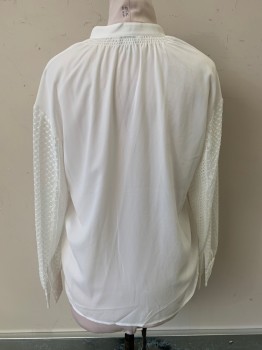 Club Monaco, White, Polyester, Solid, L/S, Collar Band, V Neck, 2 Buttons, Sheer Sleeves with Embroiderred Details