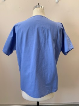 CREST, French Blue, Polyester, Cotton, Solid, S/S, V Neck, Chest Pocket