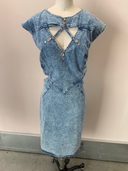 ECHO FASHIONS, Denim Blue, Cotton, Round Neck, Triangle Cut Outs At Center Front, Oval & Circle Rhinestones, Cap Sleeves, Cut Out Back, Belted Back, Zip Back, Hem Below Knee