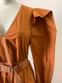 ULLA JOHNSON, Burnt Orange, Cotton, Solid, L/S, V Neck, Pleated Bottom, Belt Loops, Side Zipper, Stitching Details, Side Zipper, With Matching Belt
