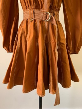 ULLA JOHNSON, Burnt Orange, Cotton, Solid, L/S, V Neck, Pleated Bottom, Belt Loops, Side Zipper, Stitching Details, Side Zipper, With Matching Belt