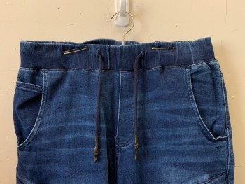 ZARA, Denim Blue, Cotton, Polyester, Solid, Elastic Waist Band, F.F, Side And Front Thigh Pockets, D String,