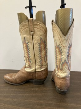 Womens, Cowboy Boots, TONY LAMA, 7, Brown Hide Texture Vamp with Tan Crown, Red/Blue/Gold Stitching, Brown Piping