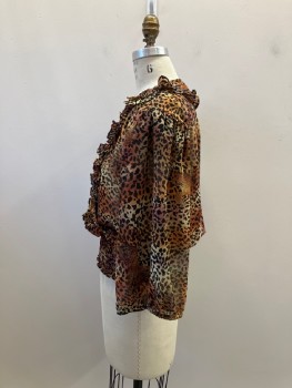 Womens, 1980s Vintage, Top, N/L, Rust Orange, Tan Brown, Black, Polyester, Animal Print, Novelty Pattern, B:36, M, W28, Sheer Crepe, Pull On, Full 3/4 Slvs with Elastic Cuff (spent), Shoulder Pads, Surplice V-N with Pleated Ruffle Trim & Tie with Beads, Wide Elastic Rouched Waistband,
