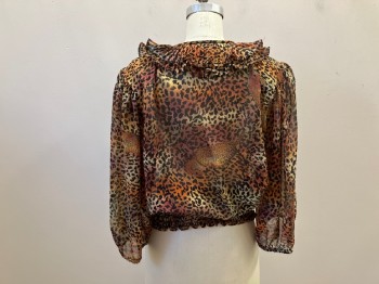 Womens, 1980s Vintage, Top, N/L, Rust Orange, Tan Brown, Black, Polyester, Animal Print, Novelty Pattern, B:36, M, W28, Sheer Crepe, Pull On, Full 3/4 Slvs with Elastic Cuff (spent), Shoulder Pads, Surplice V-N with Pleated Ruffle Trim & Tie with Beads, Wide Elastic Rouched Waistband,
