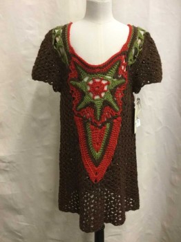GRANDMA, Brown, Red, Green, Acrylic, Abstract , Crochet Yarn, Scoop Neck, Short Sleeve, Hippie