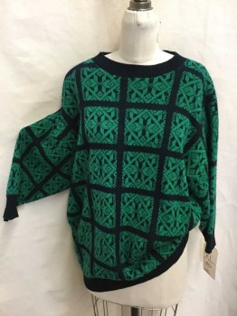 Womens, Sweater, N/L, Kelly Green, Navy Blue, Acrylic, Geometric, B:42, 3/4 Sleeves, Navy Crew Neck, Drop Shoulder Quilted Star Pattern, Pullover