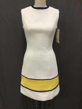 White, Yellow, Navy Blue, Polyester, Solid, White Rib Knit, Sleeveless, Round Neck,  Yellow Color Block With Navy Rope Trim