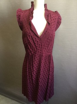 Womens, Dress, Sleeveless, SANDRO, Maroon Red, Viscose, Geometric, W 27, B 34, Maroon with Self Circle Print, V-neck & Sleeveless with Self Ruffle Trim, Side Zip, Small Gather Side Front