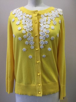 Womens, Cardigan Sweater, KATE SPADE, Yellow, White, Cotton, Synthetic, Floral, M, Yellow, White Floral Appliqué Detail, Button Front