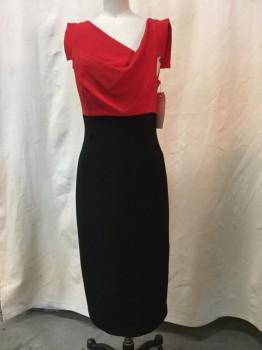 Womens, Dress, Sleeveless, BLACK HALO, Red, Black, Synthetic, Color Blocking, 6, Red Cowl Top, Black Skirt, Belt Loops (no Belt), Sleeveless