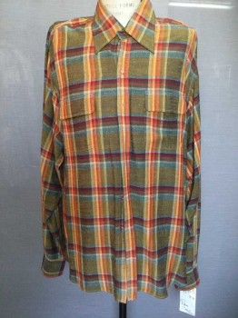 Paul Chang, Multi-color, Synthetic, Plaid, Multi Color Plaid, Button Front, Collar Attached, 2 Flap Pockets, Long Sleeves,