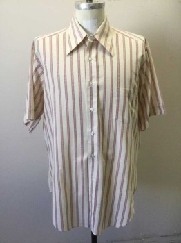 Mens, Dress Shirt, THE COMFORT SHIRT, Cream, Red, Blue, Poly/Cotton, Stripes, 16, Short Sleeves, Collar Attached, 1 Pocket,