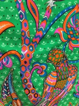 MALBE , Green, Fuchsia Pink, Orange, White, Black, Cotton, Novelty Pattern, Floral, Novelty Birds & Floral Pattern, W/Multicolor Glitter Detail, Ankle Length, Side Zipper, Slit At Side Seam Hem, Late 1960's