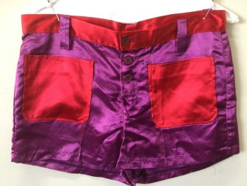 Womens, Shorts, TIME & PLACE, Red, Purple, Polyester, Color Blocking, 36, 30, 1-1/2" Waist Band, Belt Hoops, 2 Patch Pockets Front, Button Front,