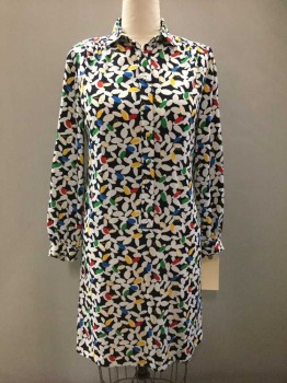 La Chemise, Black, White, Red, Yellow, Green, Polyester, Rayon, Novelty Pattern, Long Sleeves, Collar Attached, Button Front, Belt Loops, Belt Missing, Button Cuffs, Gathered Yoke Seams, Shoulder Pads,
