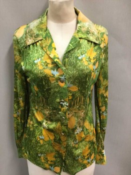 Womens, Blouse, N/L, Green, Yellow, Dk Green, Lime Green, Tan Brown, Polyester, Floral, Abstract , Leaf/Landscape Abstract Pattern, Long Sleeve Button Front, Collar Attached, Gold Buttons W/Shield/Coat Of Arms Embossed, **Missing Top Button
