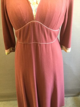 MTO, Dusty Rose Pink, Wool, Silk, Solid, Floral, Crepe, Pink Piping, L/S, V-N, Gathered Silk @ Neck & Cuffs, CB 16 Covered Buttons with Thread Loops,