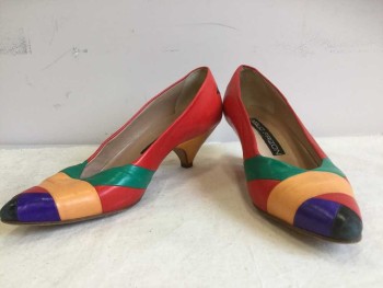 Womens, Shoes, MAUD FRIZON, Multi-color, Leather, 7.5, Low Heel, Multi-color Strips of Leather Wrap the Vamp of the Shoe, Red, Green. Yellow. Purple, Black