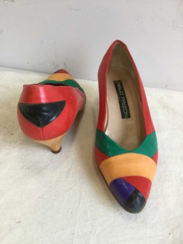 Womens, Shoes, MAUD FRIZON, Multi-color, Leather, 7.5, Low Heel, Multi-color Strips of Leather Wrap the Vamp of the Shoe, Red, Green. Yellow. Purple, Black