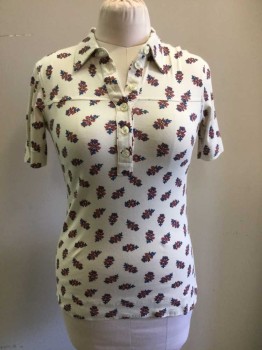 MTO, Cream, Magenta Purple, Blue, Brown, Cotton, Floral, Short Sleeves, Polo, 6 Buttons, Yoke, Triples