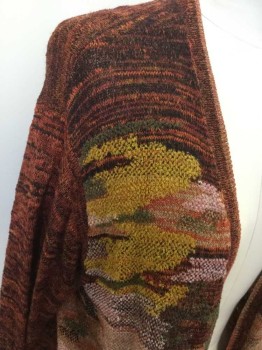 Womens, Sweater, DRIES VAN NOTEN, Orange, Black, Chartreuse Green, Multi-color, Synthetic, Novelty Pattern, Large, Open Front, Mottled, Long Sleeves, Ribbed Knit Collar/Placket/Cuff/Waistband