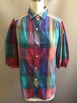 N/L, Multi-color, Teal Green, Purple, Cranberry Red, Violet Purple, Polyester, Cotton, Plaid, 3/4 Sleeve Button Front, Collar Attached, Gathers at Shoulders,