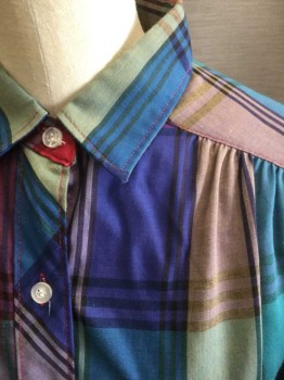 N/L, Multi-color, Teal Green, Purple, Cranberry Red, Violet Purple, Polyester, Cotton, Plaid, 3/4 Sleeve Button Front, Collar Attached, Gathers at Shoulders,