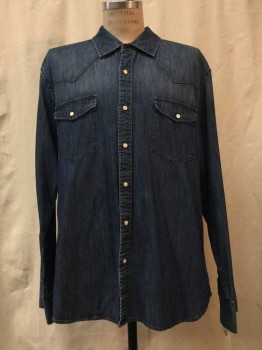 GAP, Denim Blue, Cotton, Solid, Blue Chambray, Snap Front, Collar Attached,  2 Flap Pockets, Long Sleeves,