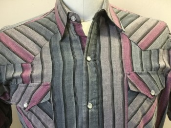Mens, Western, ROCK CREEK RANCH, Gray, Lt Brown, Pink, Black, Cotton, Stripes - Vertical , Stripes - Diagonal , L, Gray, Light Brown, Pink and Black Vertical & Diagonal Shadow Stripes, Collar Attached, Yoke, 2 Pockets with Flap, Pearly Gray Button with Silver Trim Snap Front, Short Sleeves,