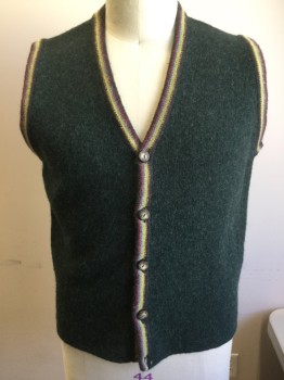 Mens, Vest, BENNETON, Forest Green, Multi-color, Wool, C44, Felted Knit, Multi-color Purl Stripes at Neckline and Armholes, Horn 5 Buttons, United Color Of Benneton