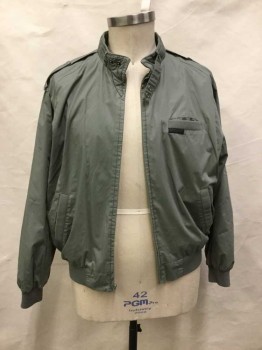 Mens, Windbreaker, MEMBERS ONLY, Sage Green, Synthetic, Cotton, Solid, L, Zip Front, 3 Pockets, Knit Trim, Snap Epaulets