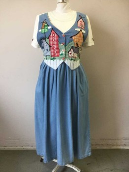 COUNTRY WEAR, Cream, Lt Blue, Green, Red, Brown, Cotton, Novelty Pattern, Cream Short Sleeve Scoop Neck with Embellished Neck, Embroidered Birds on Sleeves, Denim Half Vest Attached at Shoulders with Waist Back Tie, Pleated Skirt, Hem Maxi, 2 Pockets, Vest with Wooden Bird 4 Buttons, Birdhouse Appliqué Scene, Teacher