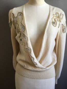 Womens, Sweater, MS KIPPS, Cream, Gold, Clear, Wool, Rayon, Solid, B 34, Pullover Surplice Sweater, Solid Cream with Clear Amoeba Pattern with Silver/Gold Rhinestones and Beads, Ribbed Knit Waistband/Cuffs